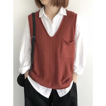 短款套頭針織馬甲背心春夏寬松大碼女裝純色毛衣馬夾V領坎肩上衣