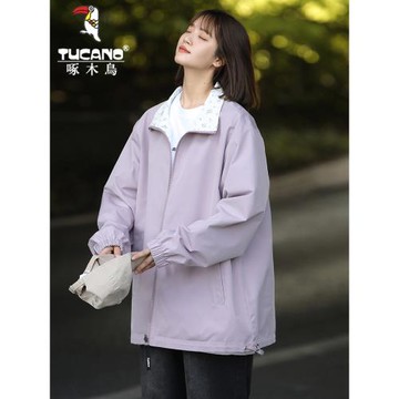 啄木鳥兩面穿外套女春秋新款潮流寬松學生立領百搭防風防水沖鋒衣