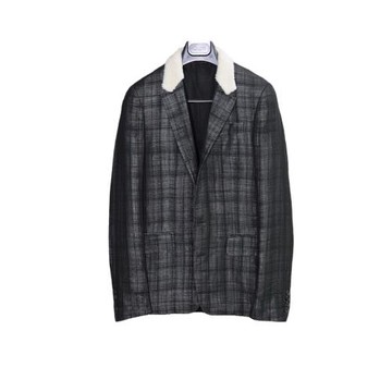 Kris Van Assche 08AW蒙紗雙層設計黑灰色毛領Slim修身西裝 IT44