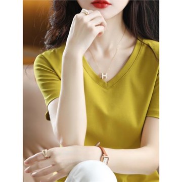 (免運)新疆棉涼感絲光純棉短袖t恤女白色v領夏季新款精梳棉正肩百搭體恤