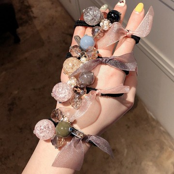 FB4277 韓版仙女網紗蝴蝶結個性水晶串飾髮圈 (一組8個)