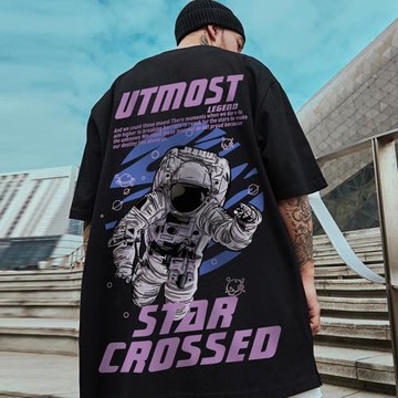 oversize歐美潮牌胖子男裝大碼國潮嘻哈寬松短袖T恤宇航員半袖潮