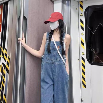 牛仔背帶褲女春秋薄款2024新款小個子設計感小眾寬松闊腿褲子夏季