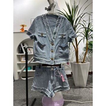 【地球店】藍色丹寧牛仔休閑套裝女夏2022新款網紅小香短褲兩件套