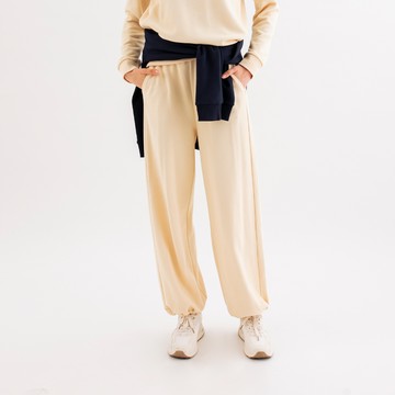 【City Casual】女裝-個性LOGO抽繩束腳兩穿休閒長褲-杏色