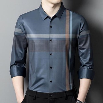 彩文羊長袖襯衫男春秋季新款免燙無痕襯衣高級感中年男士冰絲寸衫