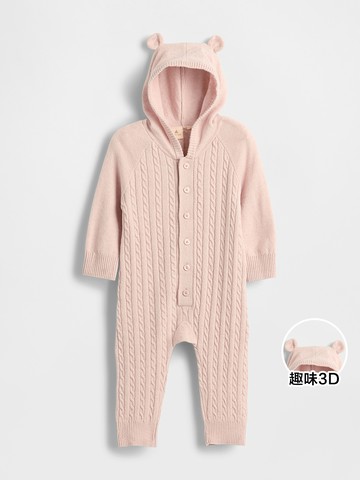 嬰兒裝 熊耳造型連帽長袖針織包屁衣/連身衣 CashSoft系列-粉色