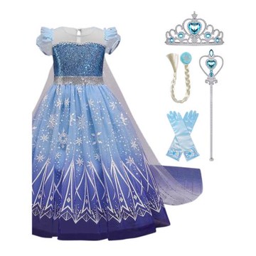 2025冰雪奇緣Elsa艾莎公主裙女童短袖亮片連衣裙禮服網紗披風可拆