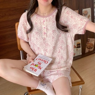 夏季日系田園風睡衣女款甜美風圓領短袖可外穿家居服兩件套