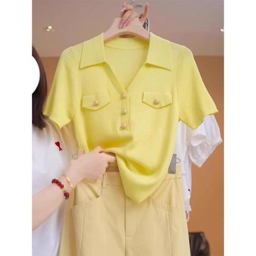 大碼胖MM冰絲短袖t恤女2026夏季顯瘦時尚別致翻領針織衫百搭上衣