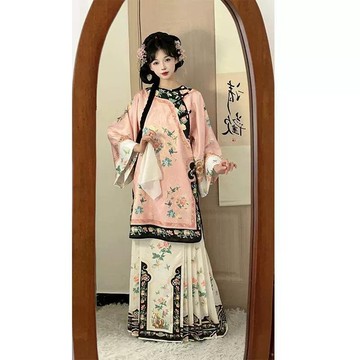 ✨免運出貨 花鳥間 清漢女漢服 複原 斜襟圓領 國風漢服 民族印花馬麵 春秋款 格格服 馬麵裙 馬麵裙洋裝 馬麵裙日常