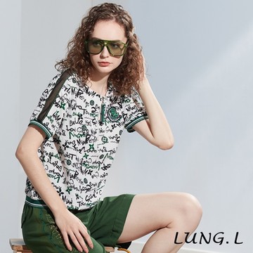 LUNG.L林佳樺 白底綠色英文字印花短袖女裝上衣LQ06A