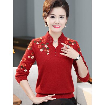 秋冬羊絨衫媽媽裝針織女中老年上衣旗袍領100%羊毛打底衫毛衣厚款