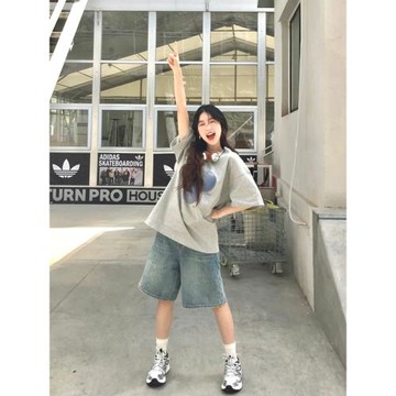 超好看藍色五分牛仔褲女2025水洗美式顯瘦寬松休閑百搭闊腿短褲潮