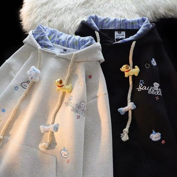 原創設計大學T  寬鬆版連帽T女 拚接衛衣 刺繡衛衣女 冬季上衣  百搭套頭大學T  連帽衛衣女