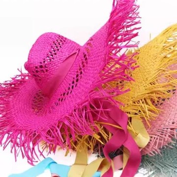超大檐彩色拉菲草攝影拍照草帽海邊度假透氣鏤空絲帶歐美遮陽帽子