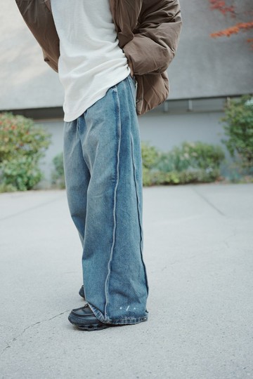 瀨戶側一釦落地牛仔褲 - 2色 - 藍ㄧ釦