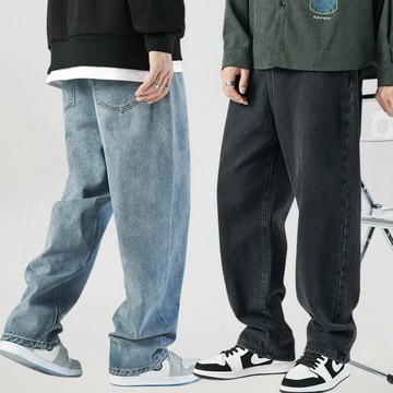 【美式男款】簡約純色水洗寬鬆直筒牛仔褲