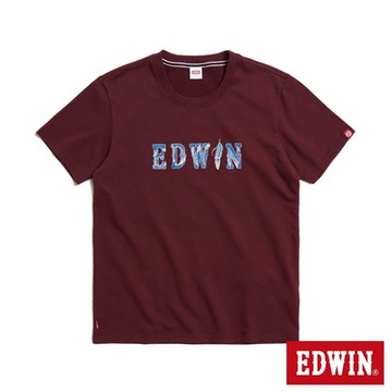 EDWIN 男裝 羽毛紋牛仔貼布LOGO短袖T恤-朱紅色