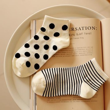 夏季黑白系細條紋波點低幫襪子少女學院風字母運動百搭純棉短筒襪