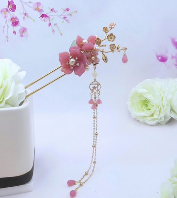 檸檬手作髮飾  捷克粉色牡丹髮簪(流蘇可拆)