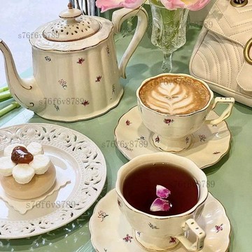 歐式茶具套裝 英式下午茶具 咖啡杯組 茶具套裝 法式奶油色陶瓷花茶壺輕奢咖啡杯碟  英式精緻下午茶茶具套裝禮盒