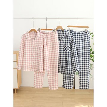 日系格子情侶睡衣男女士秋冬長袖純棉夾棉加厚空氣棉家居服套裝