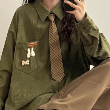 2025春秋日系復古華夫格寬松長袖襯衫男女學院風休閑寬松襯衣外套