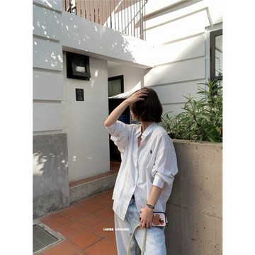 設計感法式老錢風洋氣刺繡小馬襯衫春季新款寬松百搭藍色條紋襯衣