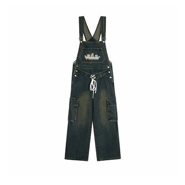 美式復古牛仔背帶褲女春季新款寬松闊腿工裝連體褲潮【木屋雜貨】