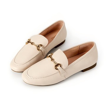 全真皮馬銜釦平底樂福鞋 米色