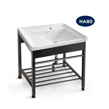 LOMOS 80cm陶瓷盆洗衣槽組 不鏽鋼槍灰色腳架 HA80