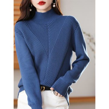 重磅加厚100%純棉線不起球針織衫女半高領寬松純色毛衣套頭長袖