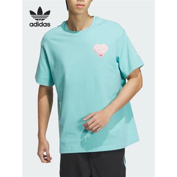 Adidas/阿迪達斯官方正品三葉草情侶款印花寬松針織短袖T恤JE3471