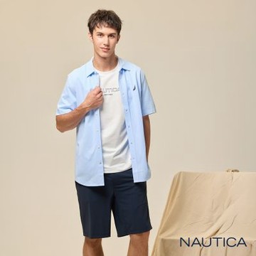 Nautica 官方旗艦 男裝 低調簡約Logo短袖襯衫-淺藍色