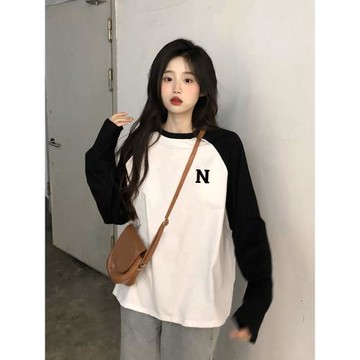 潮牌字母撞色印花插肩長袖t恤女2026春秋新款純棉寬松打底衫上衣
