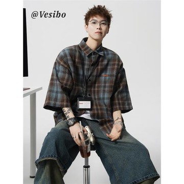 日系復古格紋襯衫男春季高街學院風半袖襯衣潮牌百搭休閑短袖外套