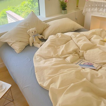 ins風網紅奶油色水洗棉床上四件套100全棉純棉裸睡被套床單三件套