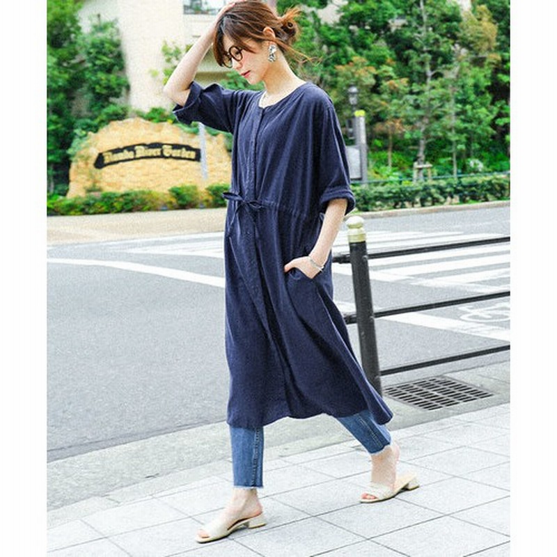 Fashion Letter リネンレーヨン ロング シャツワンピース 大きいサイズ 5分袖 麻 ノーカラーワンピース ロングワンピース ワンピ シャツ リボンウエスト ワンピース 春服 春物 羽織り シャツワンピ カジュアル レディース スプリングコート 春夏 M L Ll 3l 4l ブルー M