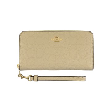 COACH燕麥色C LOGO壓印荔枝紋皮革手掛拉鍊長夾