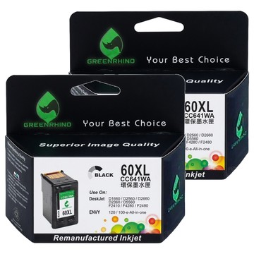 GREENRHINO 綠犀牛 for HP NO 60XL CC641WA + CC644WA 環保墨水匣 Deskjet D1660/D2500/D2560/D2660適用  黑色 + 彩色  2個