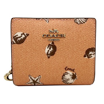 【COACH】貝殼印花字母C拉鍊零錢袋鈔票短夾(粉)