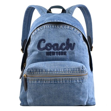 COACH CAT43 電繡草寫LOGO丹寧休閒商旅後背包.靛青色