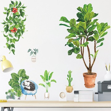 WA. WALL ART 植物盆栽貓咪 防水PVC無痕設計壁貼 FX-C146  90 x 30cm  彩色