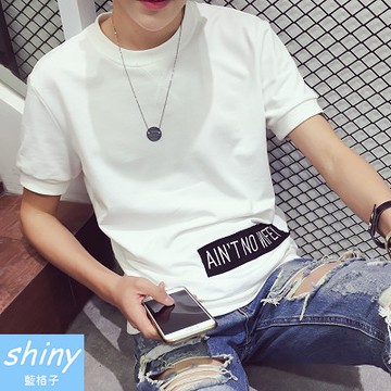 【Y070-2】shiny藍格子-瑕疵特賣．夏季日系復古字母印花圓領短袖上衣