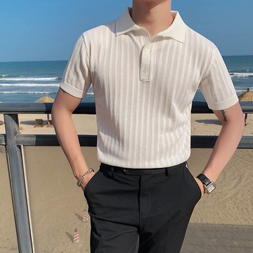 夏季短袖polo針織衫男新款韓版修身鏤空百搭上衣休閑純色翻領t恤