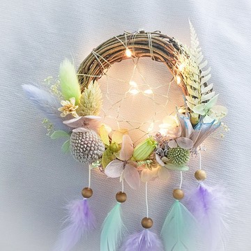 不凋花LED燈捕夢網 | 綠色, 粉紫色