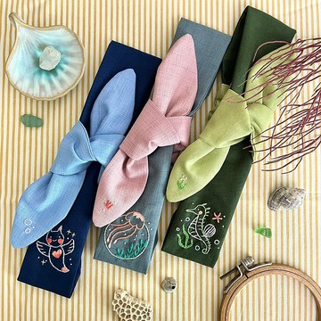 雙色版海馬和水母手工刺繡蝴蝶結髮帶