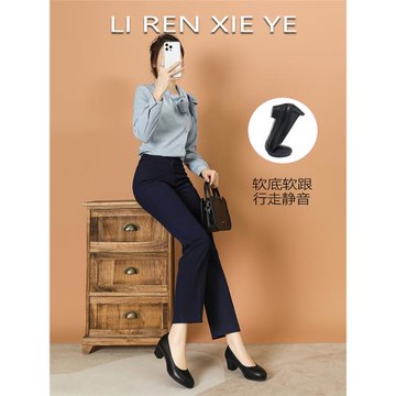 空姐真皮鞋軟底久站不累腳工作鞋女黑色中跟工裝正裝職業面試女鞋