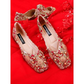 香港2025春秀禾服婚鞋中式結婚單鞋子淺口新娘鞋女紅色平底孕婦鞋